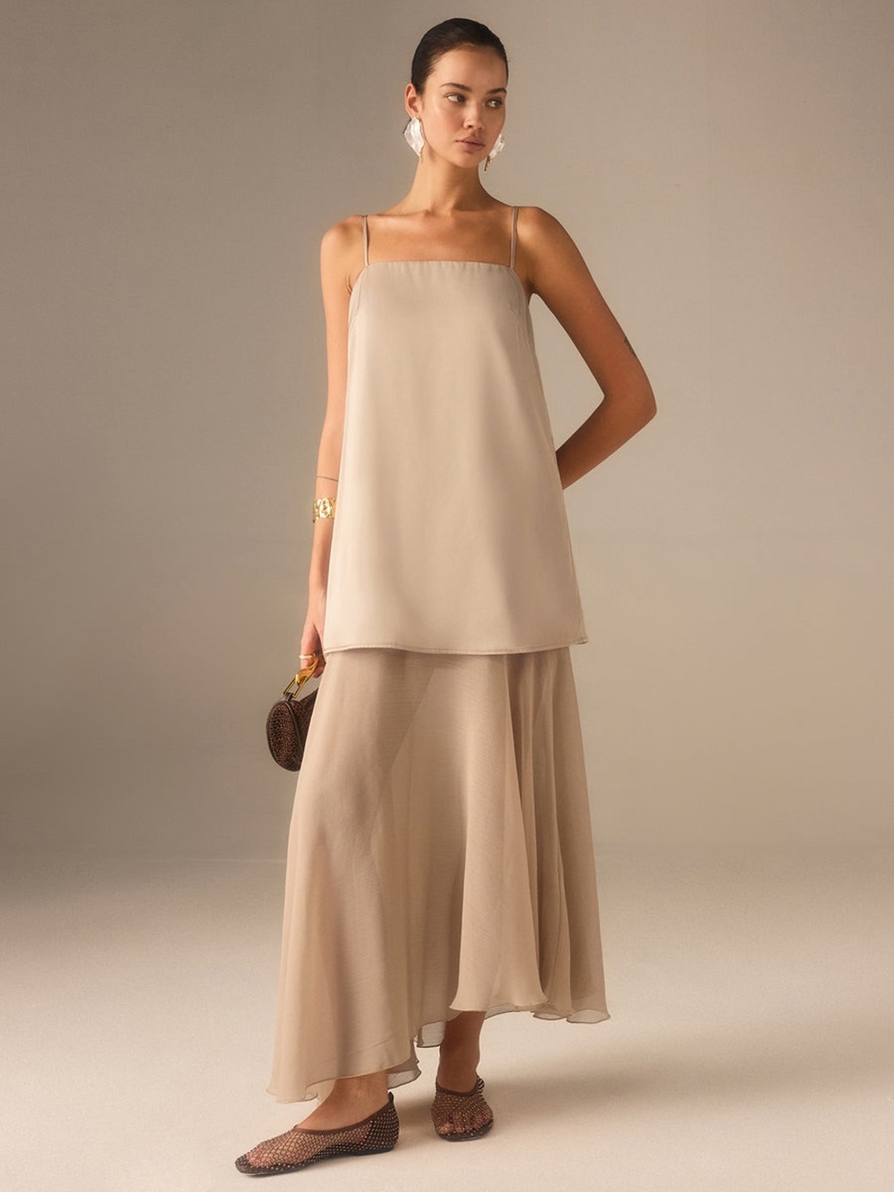 Commense Beige Maxi Slip Dress